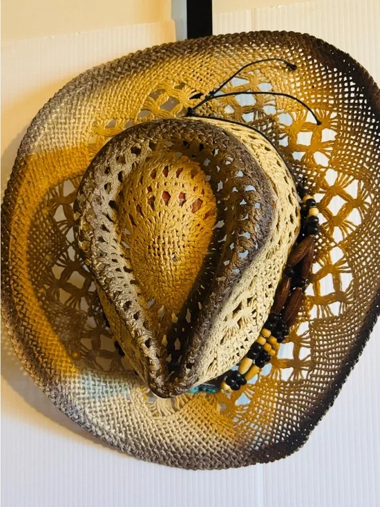 Beaded Straw Cowgirl Hat with Turquoise Concho - Tan/Brown - Picture 3 of 6